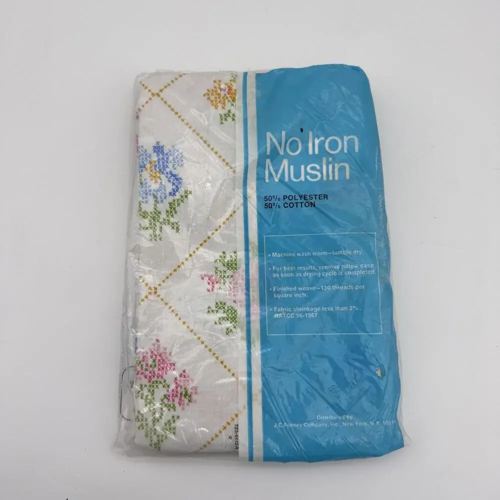 Vintage JCPenney Pillowcases Floral Cross Stitch Print Standard Set Of 2 No Iron